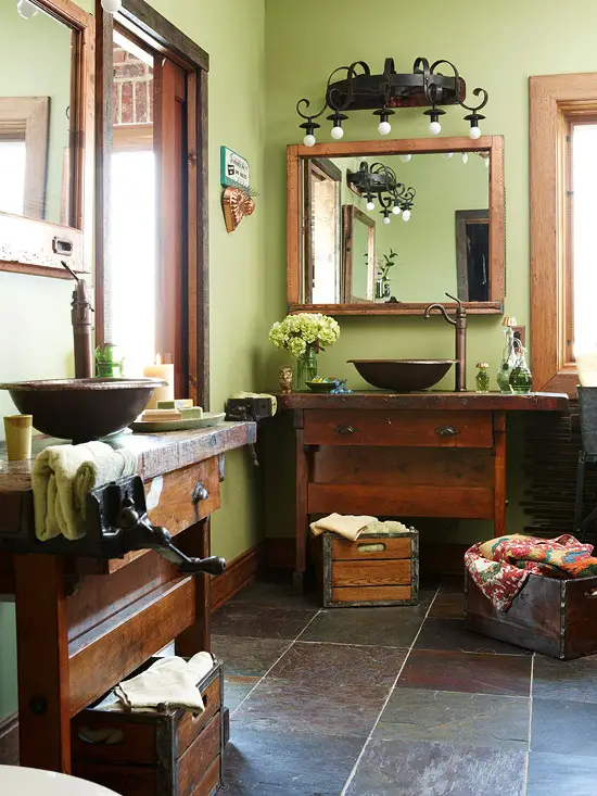 bois et  vert anis salle de bain