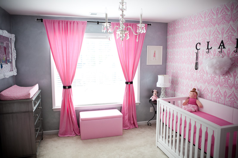 Femininie Baby Room Ideas with Pink Curtain and Wall Decor Used Crystal Chandelier Design for Home Interior Inspiration Decoration
